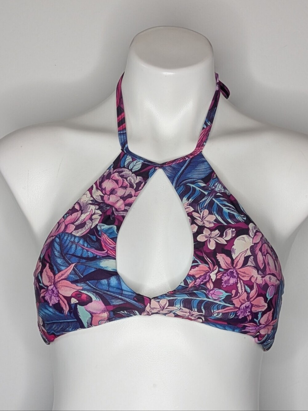 Relleciga Blue Pink Tropical Floral Bird Keyhole Strappy Bikini Top S